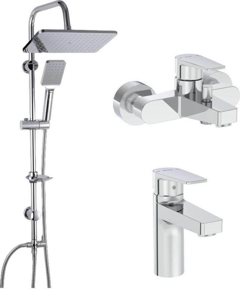 Artema Flow Square Krom Banyo Bataryası + Lavabo Bataryası + Duxxa Mirage Krom Tepe Duş Seti