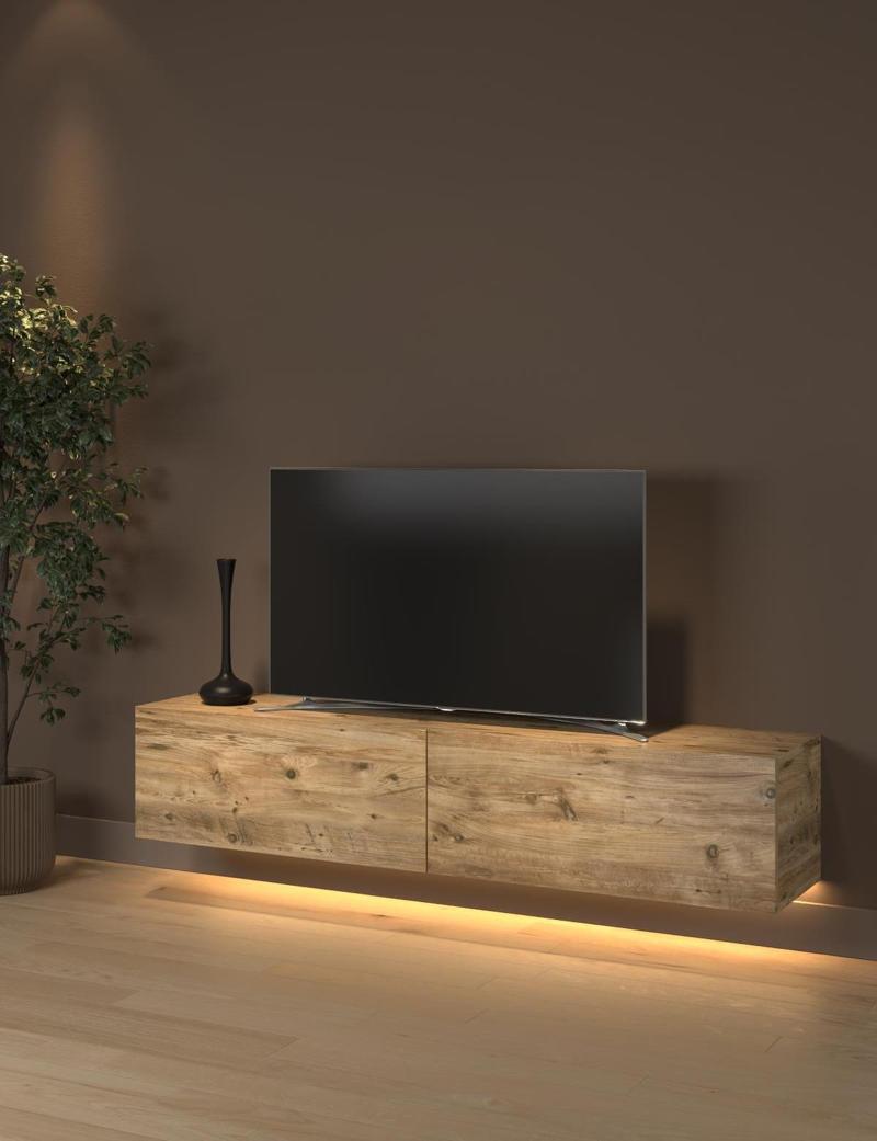 Rami Duvara Monte Led Işıklı, Dolaplı Tv Ünitesi - Tv Sehpası - Minifiksli - Atlantik Çam