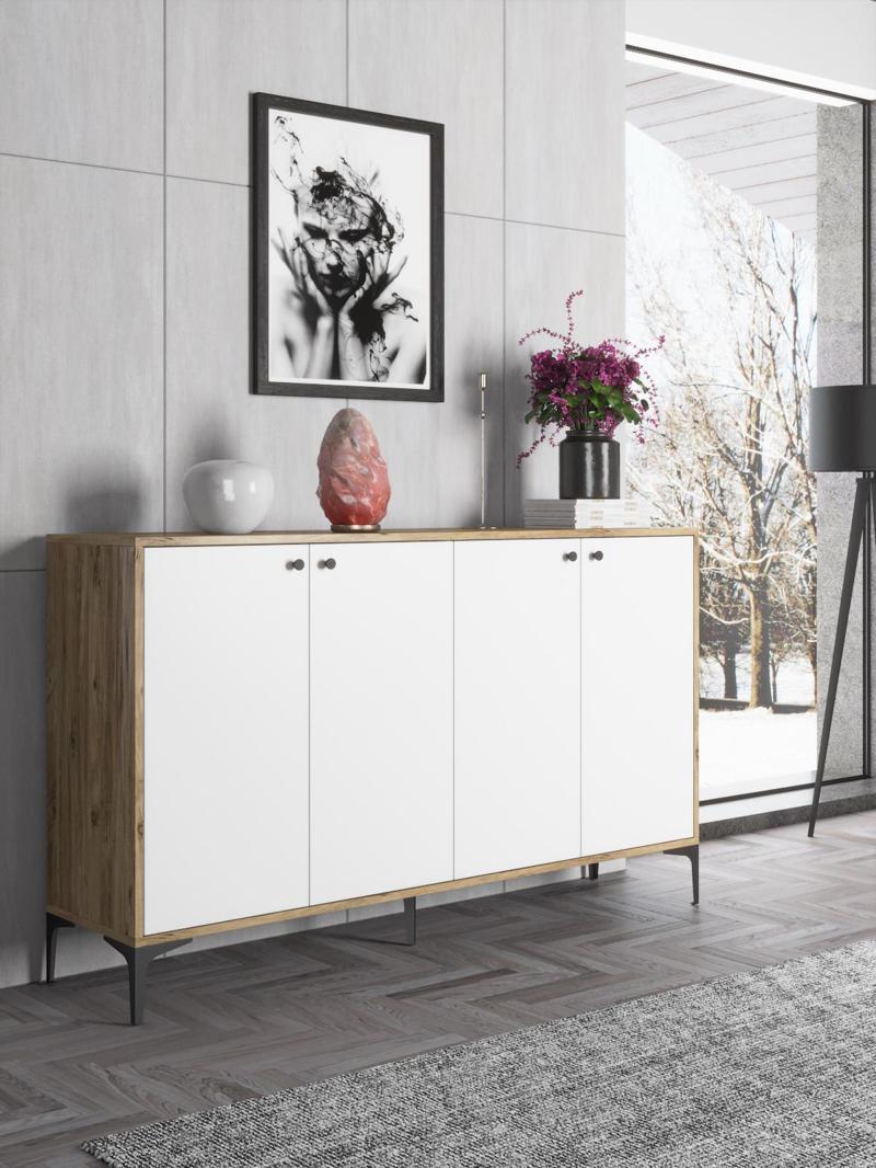 Hestia 4 Kapaklı Metal Ayaklı 160 Cm Çok Amaçlı Dolap Konsol - Atlantik Çam - Beyaz / Siyah