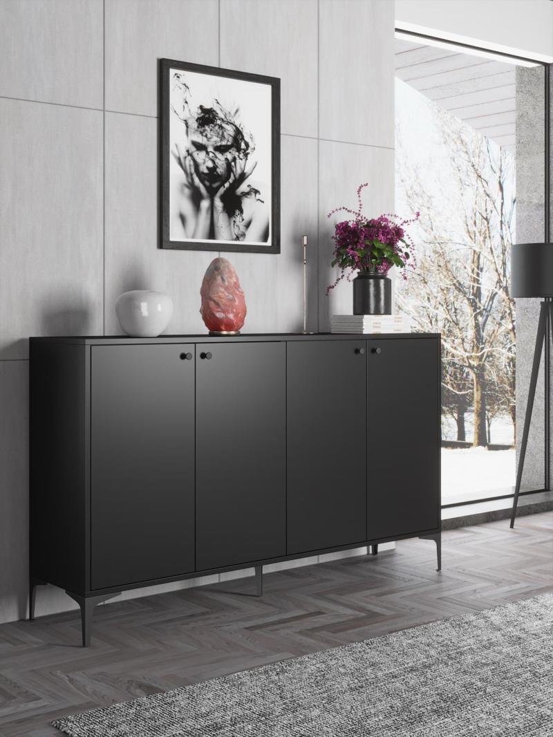 Hestia Premium 4 Kapaklı Metal Ayaklı 160 Cm Çok Amaçlı Dolap Konsol - Siyah / Siyah
