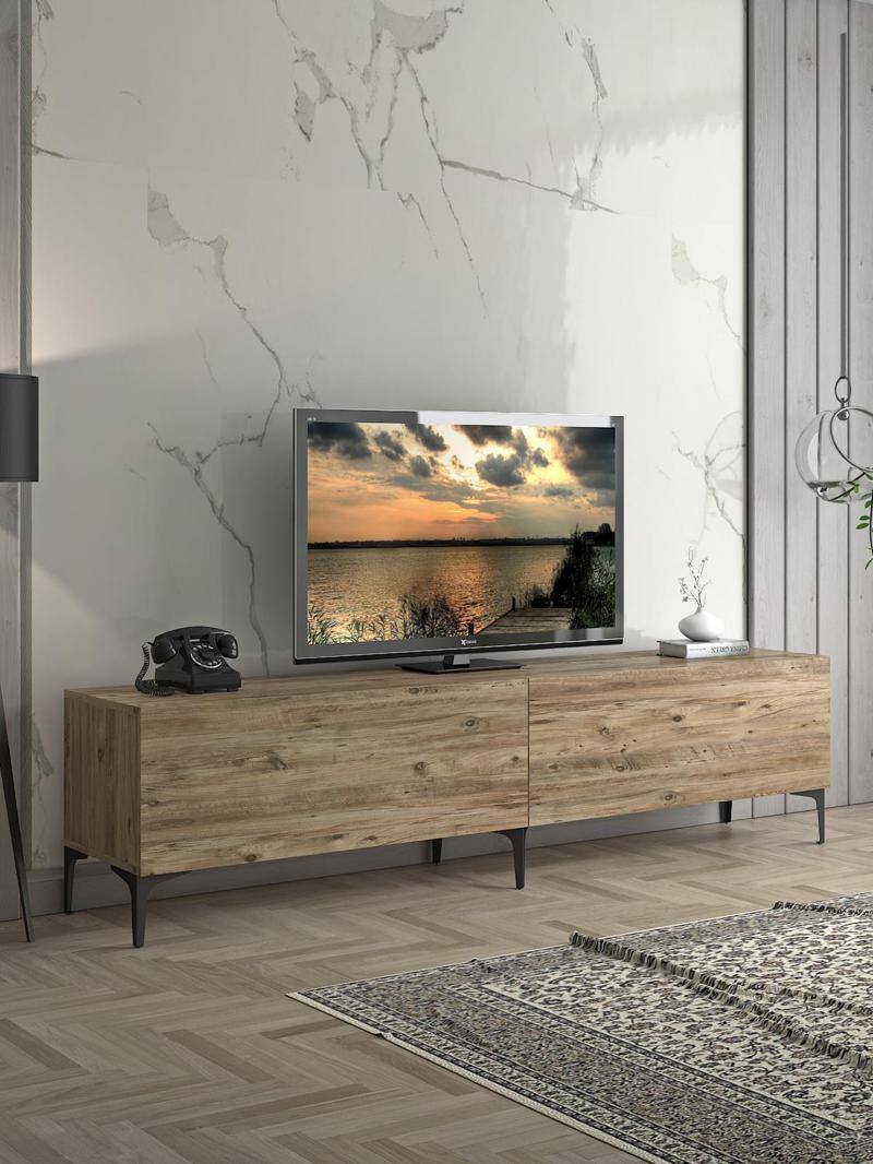 Vega Premium 200 Cm Geniş Dolaplı Metal Ayaklı Tv Ünitesi - Atlantik Çam / Siyah