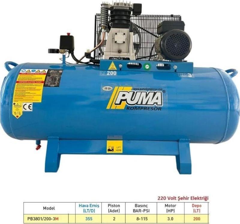 200 LT ALÜMİNYUM KAFA PİSTONLU KOMPRESÖR 3 HP, 8 BAR, 2 PİSTON,220 V MONOFAZE