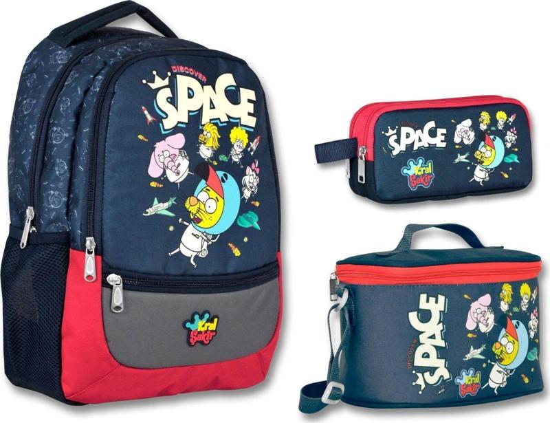 Ümit Çanta Kral Şakir Space Baskılı Lacivert Erkek Çocuk Okul Çanta Seti (Üçlü)