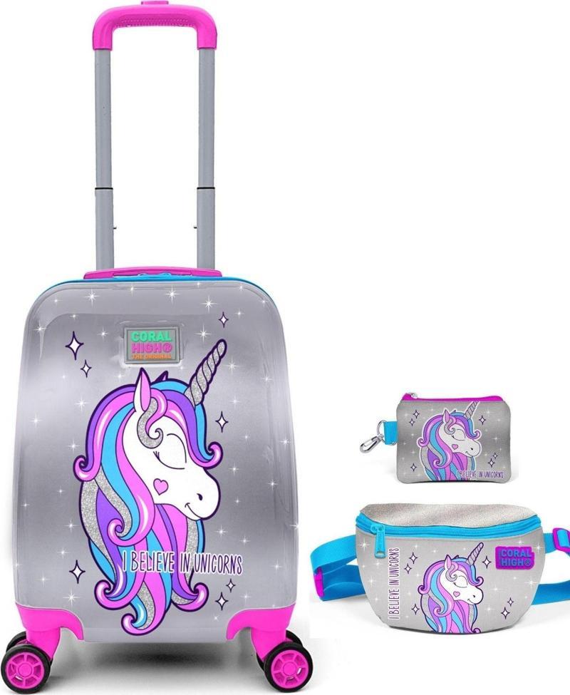 Gri Pembe Unicorn Kız Çocuk Valiz Bel Çantası ve Bozuk Para Cüzdanı Seti
