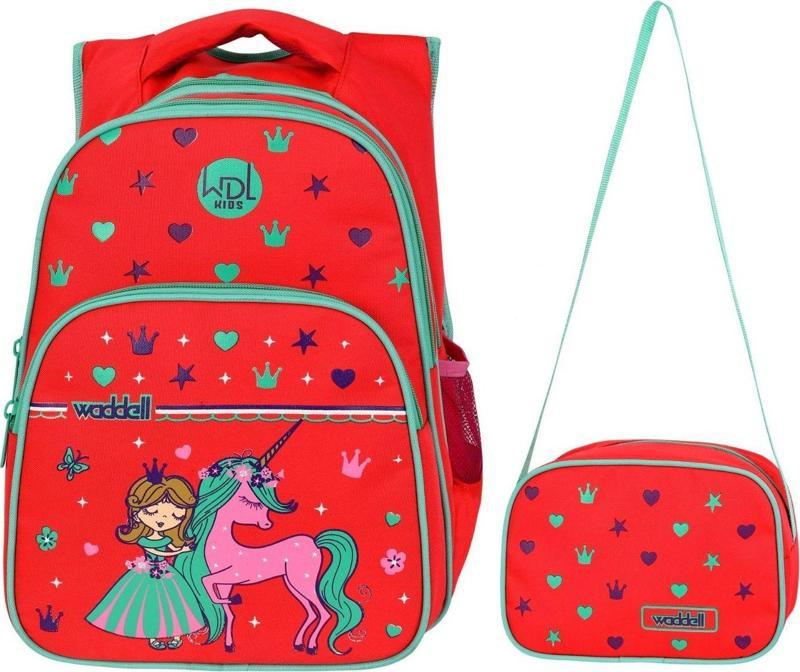 WaddellBag Kız Çocuk Kırmızı Unicorn İlkokul Sırt Çanta Seti WDL Kids