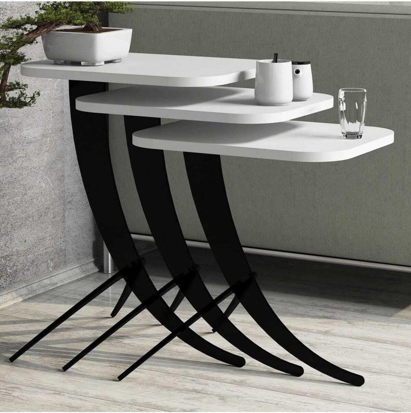 Pion Metal Ayaklı 3'lü Zigon Sehpa - Beyaz