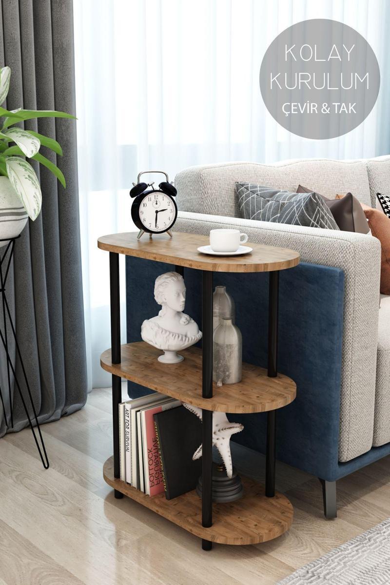 3 Raflı Oval Tasarım Çevir Tak Yan Sehpa Kitaplık Dekoratif Özel Tasarım