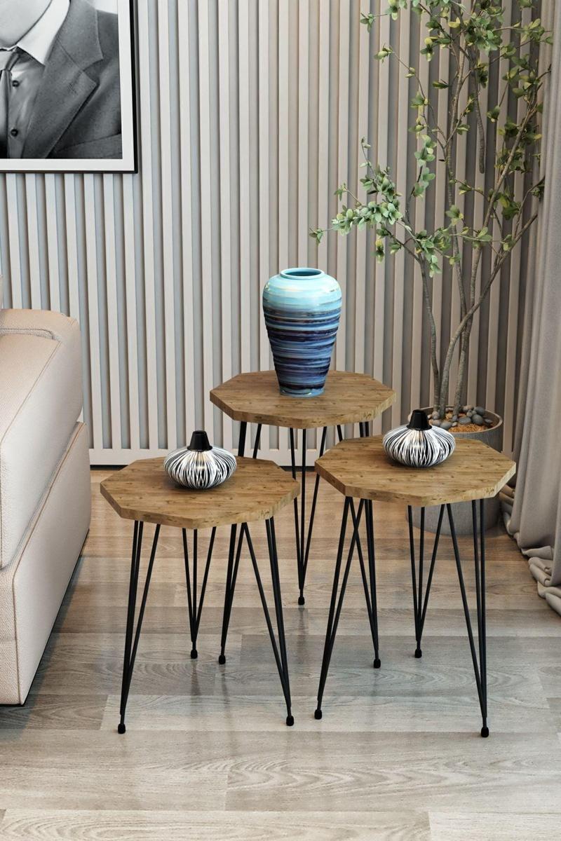 3'Lü Zigon Sehpa Sekizgen Model Zigon Sehpa Metal Tel Ayak