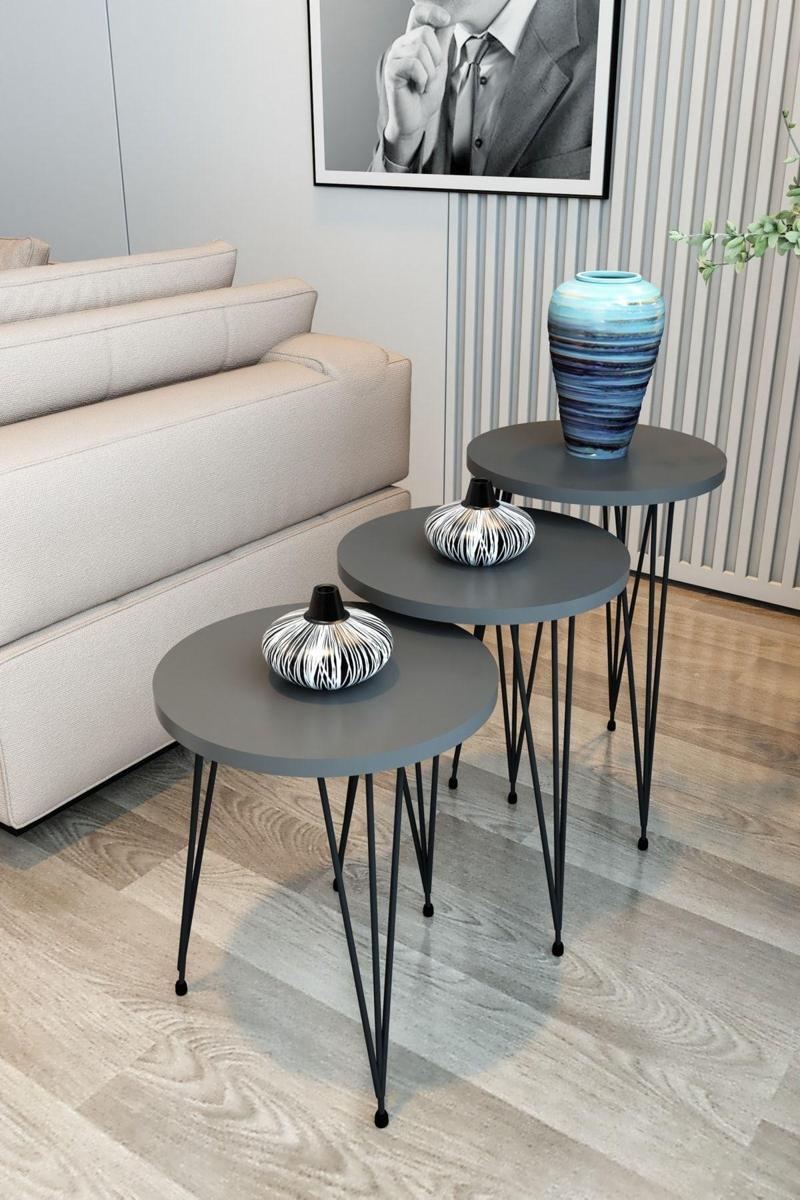 3'Lü Zigon Sehpa Yuvarlak Model Zigon Sehpa Metal Tel Ayak Orta Sehpa