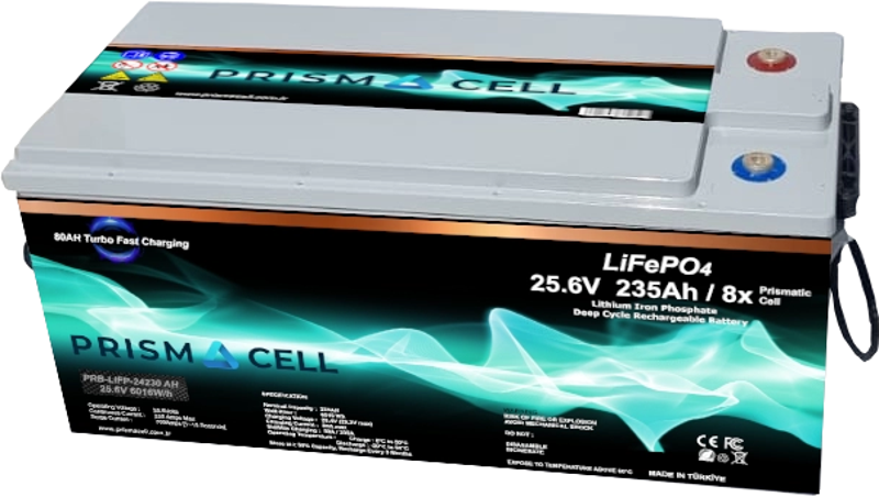 Prismacell Lifepo4 Akü 235A 235 Amper 25.6 6kWh Volt Lityum Marin, Karavan, 24V Solar Akü Batarya