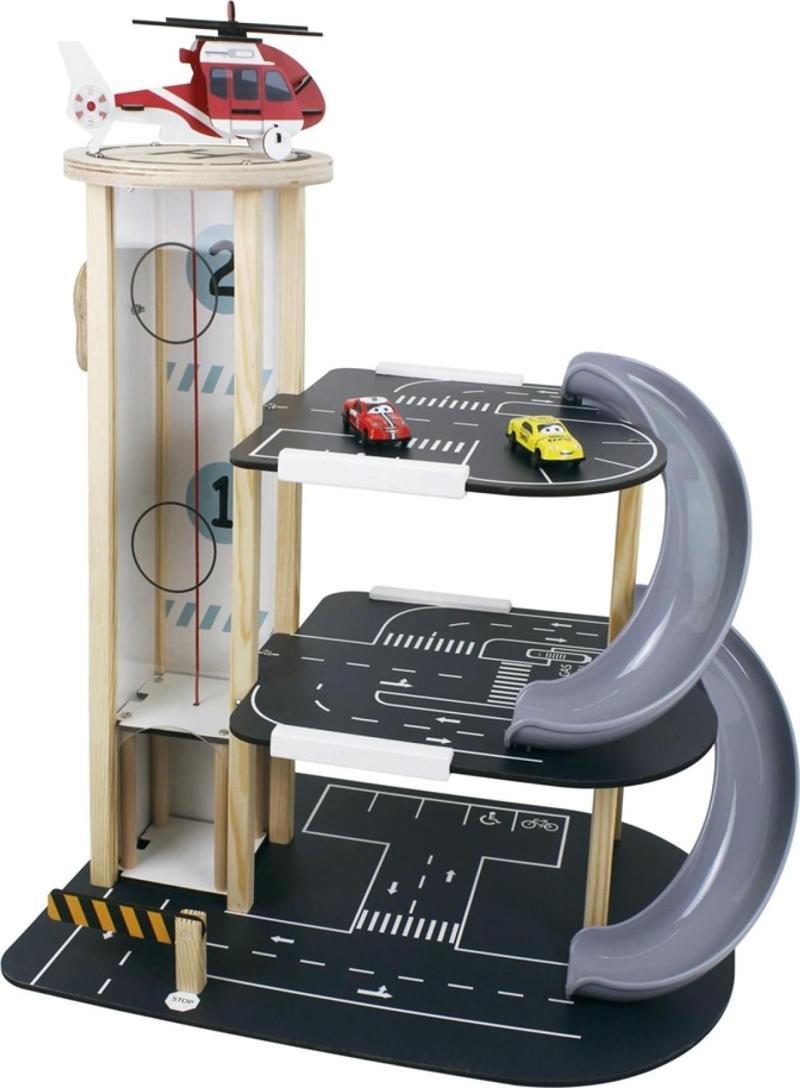 Ahşap Asansörlü Otopark - Üç Katlı Garaj Seti - Hotwheels Garaj Seti - Otopak Seti - Kaydıraklı Gara