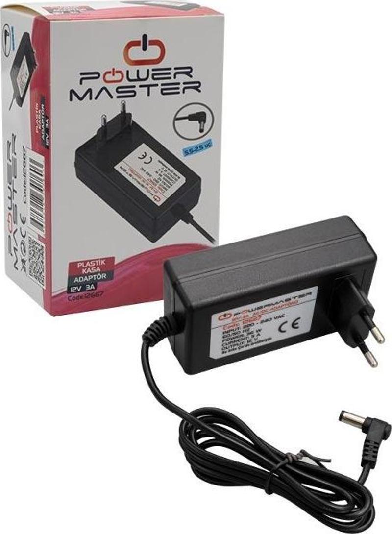 PM-12667 12 VOLT - 3 AMPER 5.5*2.5 MM UÇLU PLASTİK KASA PRİZ TİPİ ADAPTÖR