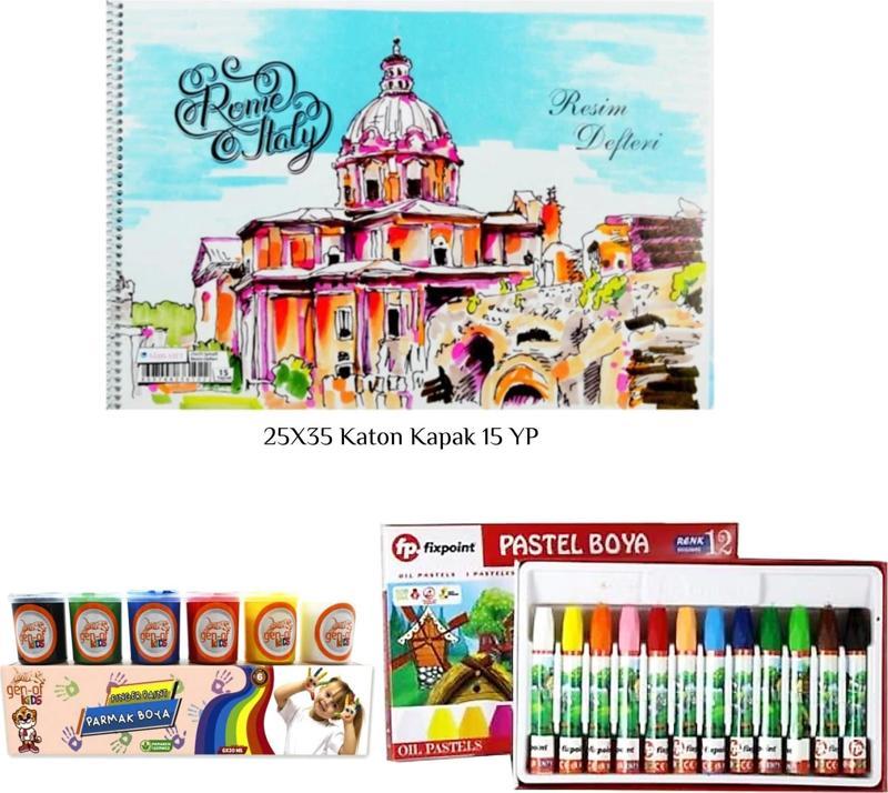 Boyama Seti Parmak Boyası  6 Lı+ 12 li Pastel Boya + Resim Defteri 25x35 15 YP