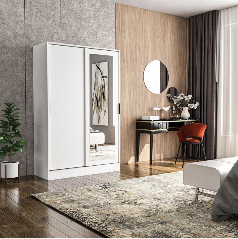 Berceste Beyaz 2 Sürgü Kapaklı Aynalı 8 Bölmeli Dolap Gardırop 120x48 cm