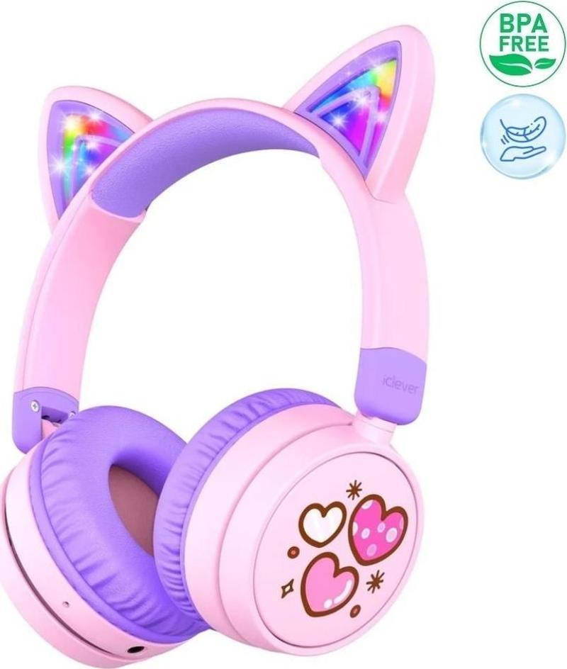 Kedi Kulaklı Led Işıklı Güvenli Ses Sınırlı 60 Saat Oynatma Süreli Bluetooth Çocuk Kulaklığı Mor