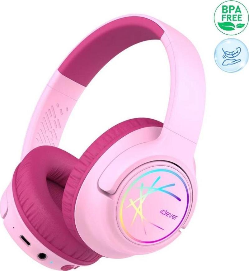Led Işıklı Güvenli Ses Sınırlı 45 Saat Oynatma Süreli Bluetooth Çocuk Kulaklığı Pembe
