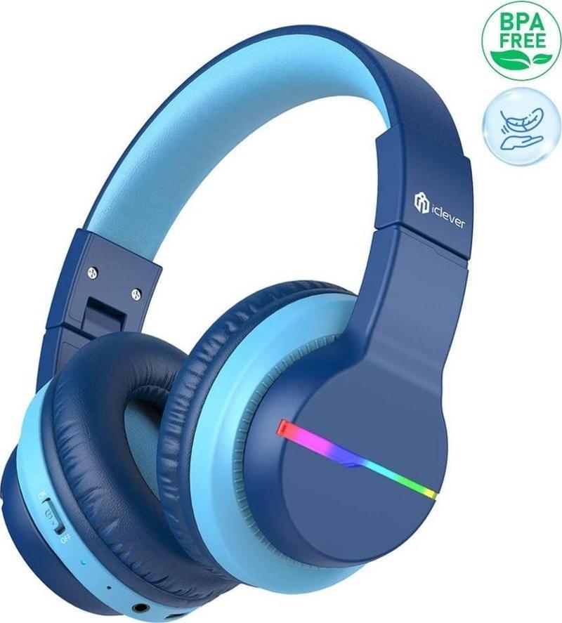 Led Işıklı Güvenli Ses Sınırlı 85 Saat Oynatma Süreli Bluetooth Çocuk Kulaklığı Mavi