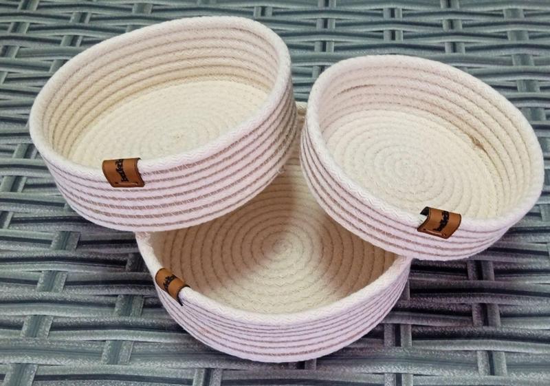 EV BANYO HASIR SEPET 3 ADET YUVARLAK JÜT ÇİZGİLİ KREM PAMUK POLYESTER İP ÖRME SEPET DEKORATİF DÜZENLEYİCİ ORGANİZER