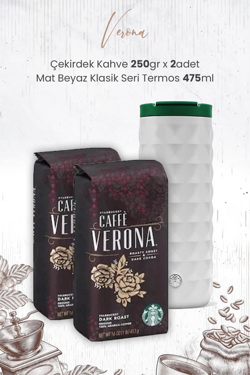 Verona Çekirdek Kahve 250 gr x 2 Adet ve Mat Beyaz Termos 473 ml