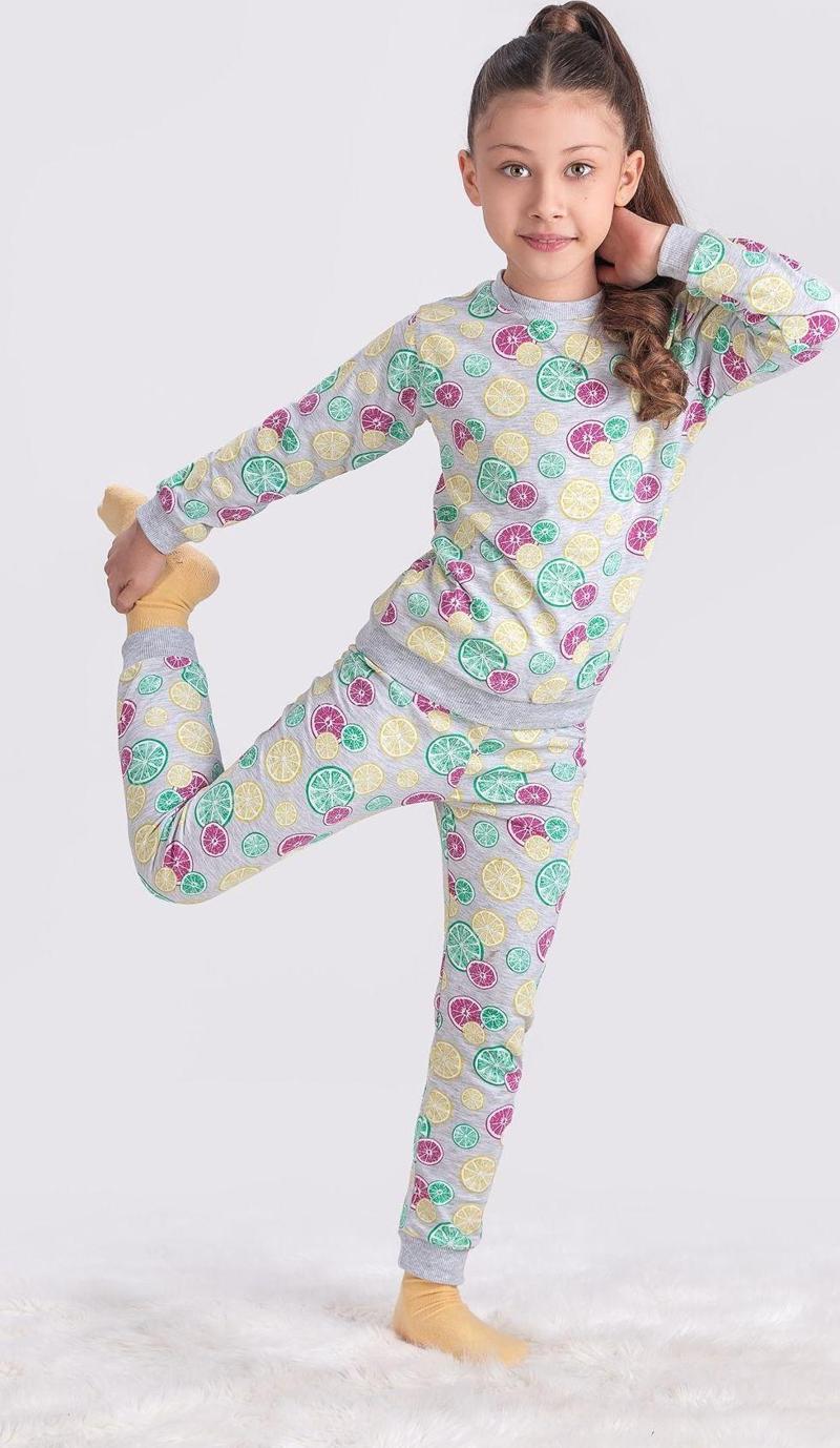 Limon Desenli Kız Çocuk Pijama Takımı 3-7 Yaş Gri 4-5 Yaş
