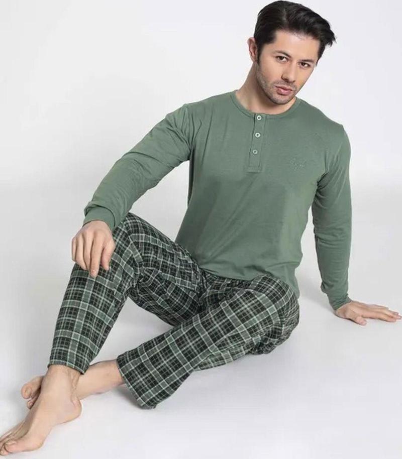 Erkek Modal Uzun Kollu  Pijama Takımı 3425 - 1 Adet Yeşil-L
