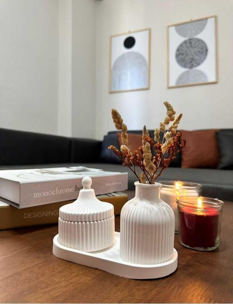 Duresbutik Dekoratif 3'Lü Vazo Sunumluk Tabak Set Beyaz