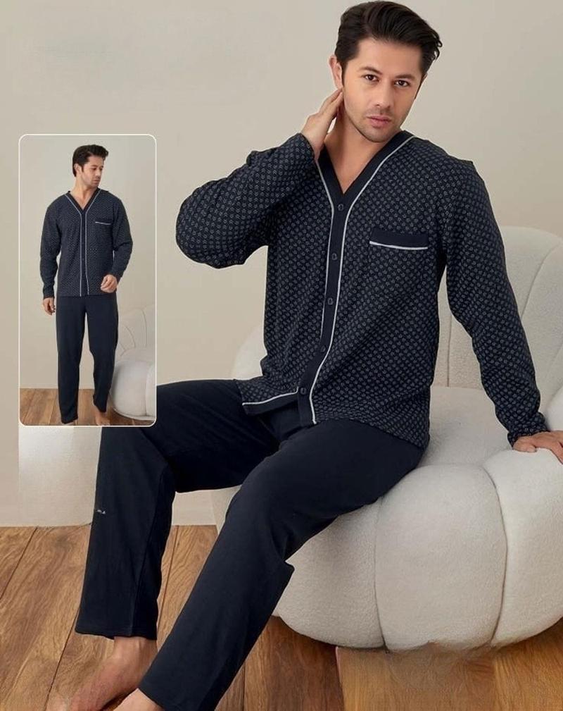 Lindros Erkek Gömlek Yaka İnterlok Uzun Kol Pijama Takımı 00148 - 1 Adet Lacivert-XL
