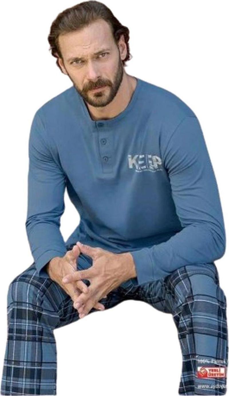 Erkek Süprem Uzun Kollu Pamuklu Pijama Takımı 3503 - 1 Adet Mavi-M