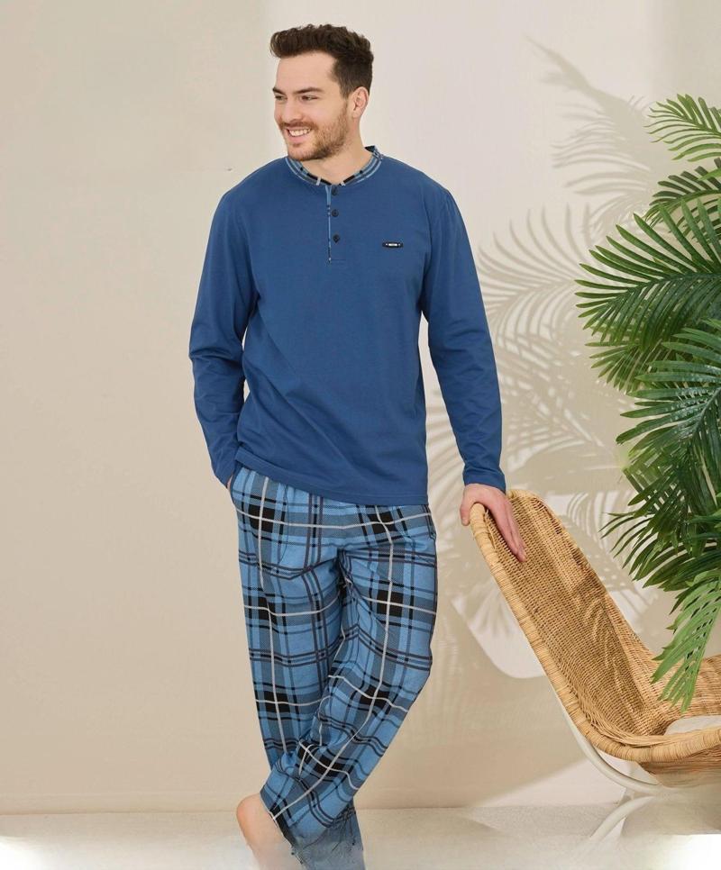 Erkek Pamuklu Düğme Yaka Uzun Kol İnce Pijama Takımı 100/4 - 1 Adet Mavi-L