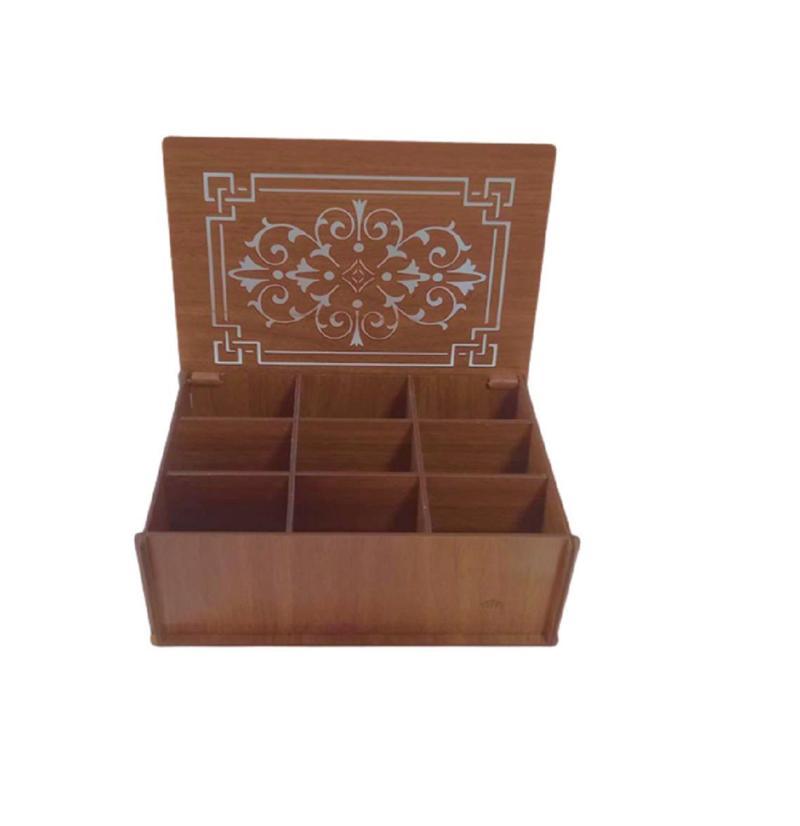 Ahşap Ceviz Renk Çay - Takı – Saat – Yüzük – Kolye - Kol Düğmesi  Aksesuar Kutusu 9 Bölmeli Kapaklı Saklama Kabı Box
