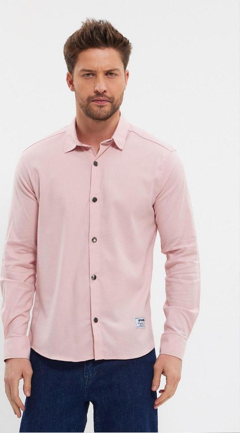 Erkek Pembe Slim Fit Likralı Uzun Kollu Çıt çıtlı Düz Gömlek 2403013