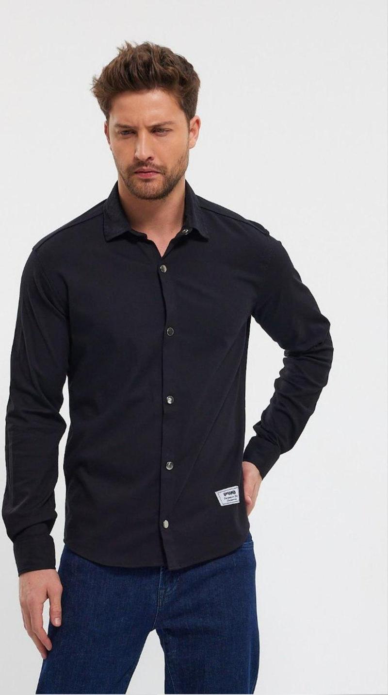 Erkek Siyah Slim Fit Likralı Uzun Kollu Çıt çıtlı Düz Gömlek 2403013