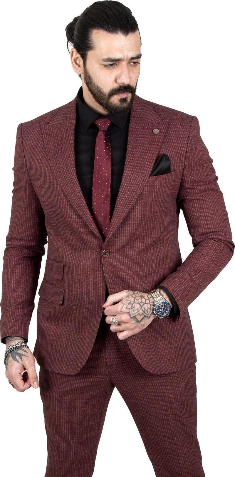 Erkek Bordo Çizgi Desenli Kırlangıç Yaka Slim Fit 2'li Takım Elbise 2303089