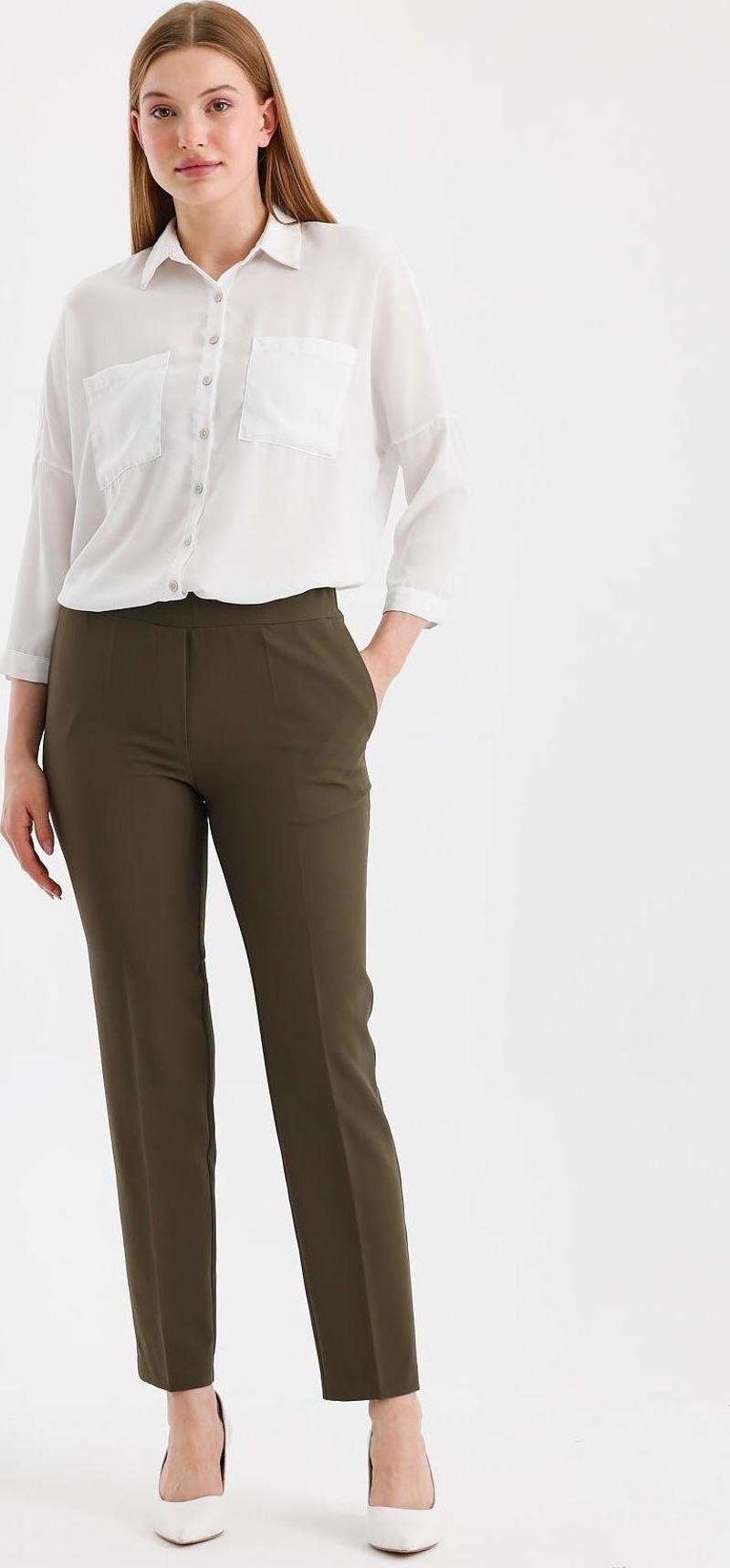Dar Paça Beli Lastikli Haki Kumaş Pantolon P-0148