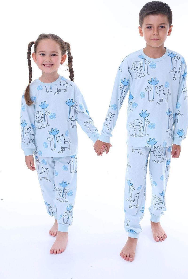 Lion Tiger Mavi Desenli Unisex Çocuk Pijama Takımı