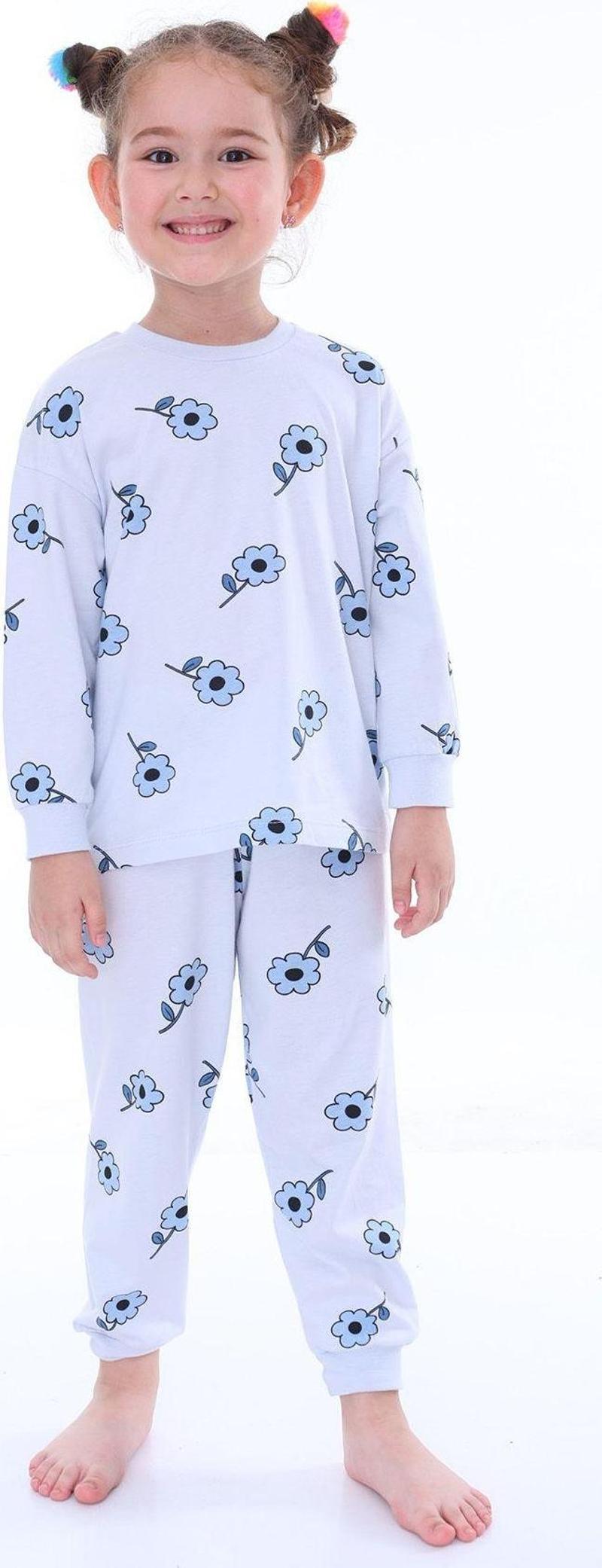 Çiçek Desenli Mavi Kız Çocuk Pijama Takımı