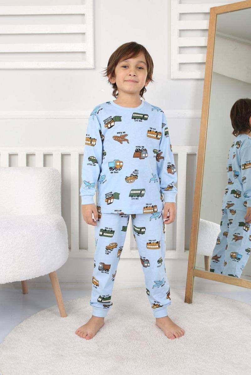 Transportation Veichle Desenli Çocuk Pijama Takımı (Alt-Üst) Mavi 3-8 Yaş