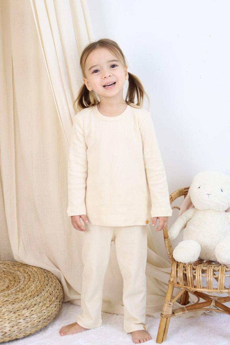 Basic Fitilli İnterlok Kumaş %100 Pamuk 1-5 Yaş Ekru Bebek Pijama Takımı