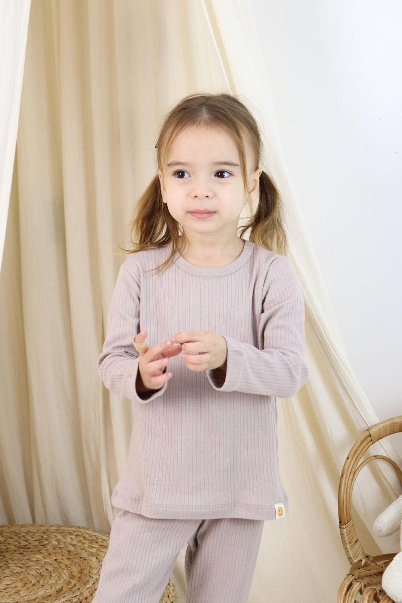 Basic Fitilli İnterlok Kumaş %100 Pamuk 1-5 Yaş Vizon Bebek Pijama Takımı