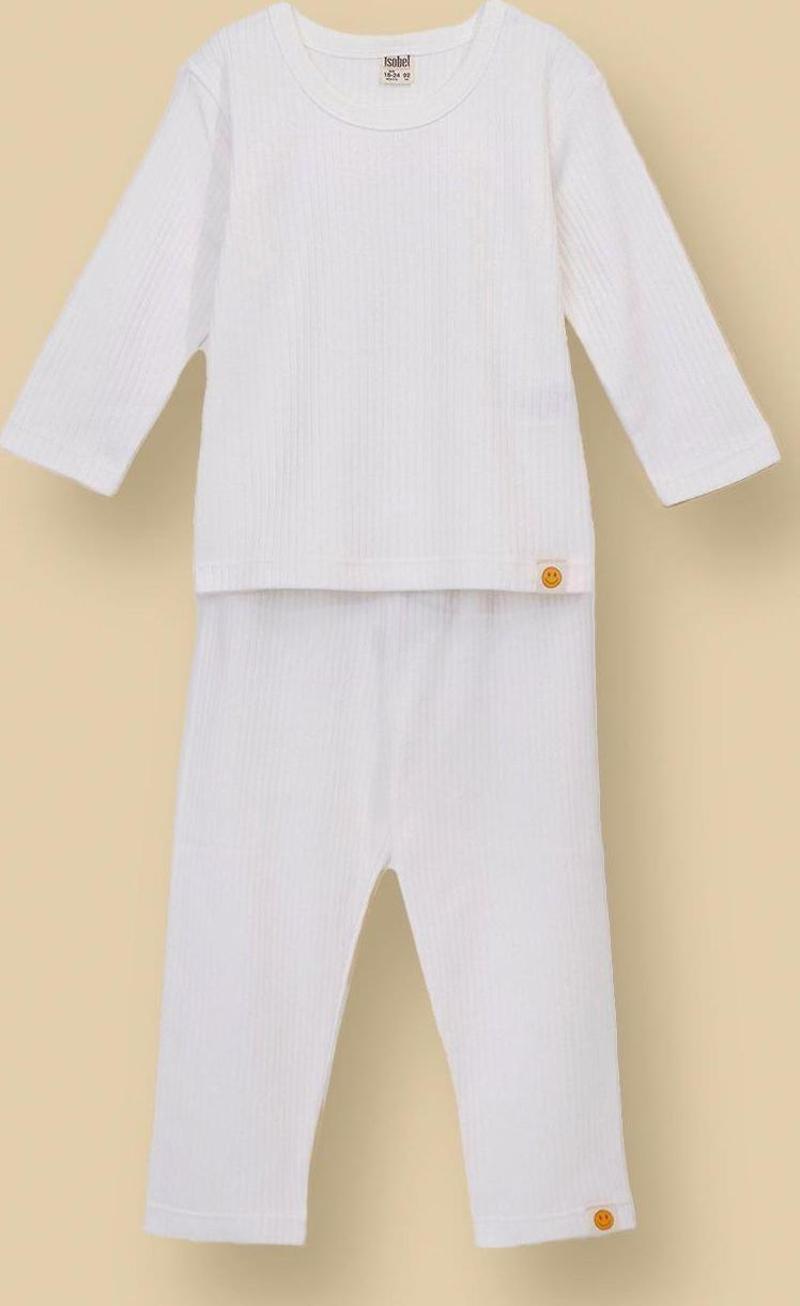 Basic Fitilli İnterlok Kumaş %100 Pamuk 1-5 Yaş Beyaz Bebek Pijama Takımı