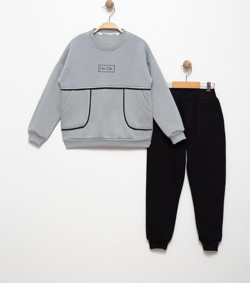 Erkek Çocuk 6-7-8-9 Yaş Pamuklu Şardonlu 3 İp Sweatshirt Jogger Takım I'M Ok Baskılı Gri 8 Yaş