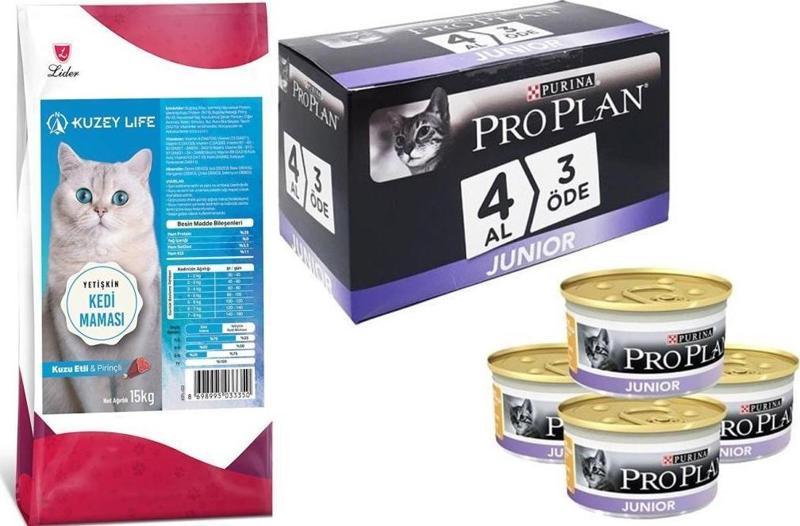 Kuzu Etli ve Pirinçli Kedi Maması 15 Kg + Pro Plan Junior Tavuklu Yavru Kedi Konserve 85gr 4 Al 3 Öde