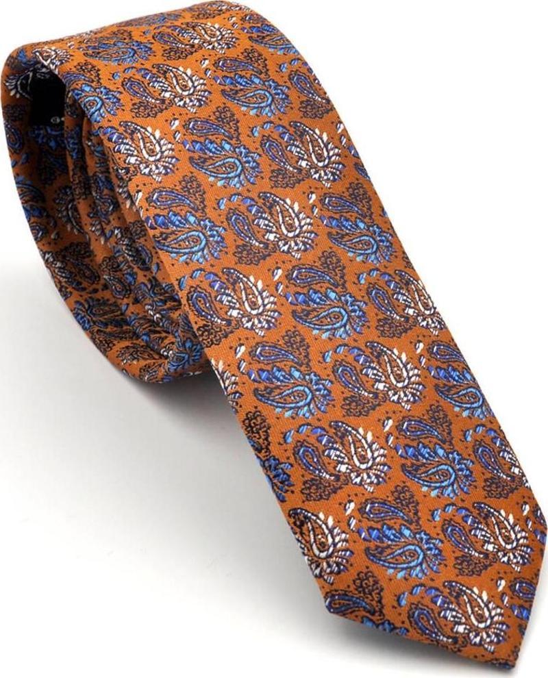 Beyaz Mavi Şal Desenli Hardal Sarısı Dokuma Kumaş Mendilli Slim Fit Kravat  / SDK-230211