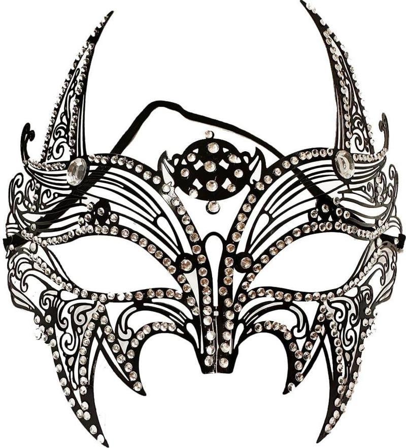 Siyah Renk Lazer Kesim Üzeri Kristal Taşlı Metal Lüks Maske Balo Parti
