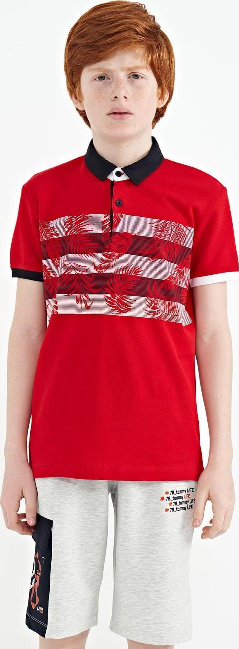 Kırmızı Baskı Detaylı Standart Kalıp Polo Yaka  Erkek Çocuk T-Shirt - 11101