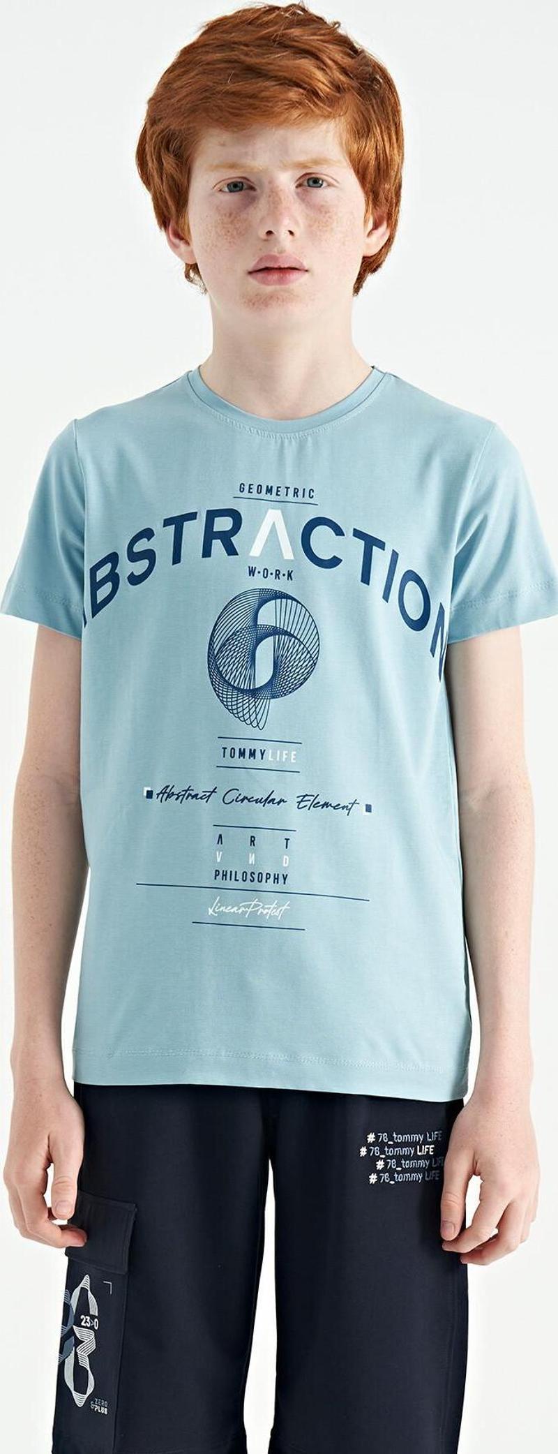 Açık Mavi Yazı Baskı Detaylı O Yaka Standart Kalıp Erkek Çocuk T-Shirt - 11103