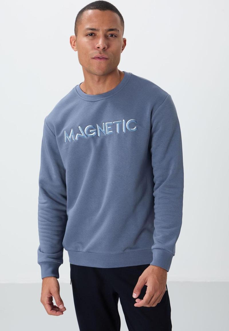 Petrol Yazı Nakışlı O Yaka Rahat Form İçi Polarlı Erkek Sweatshirt - 88020