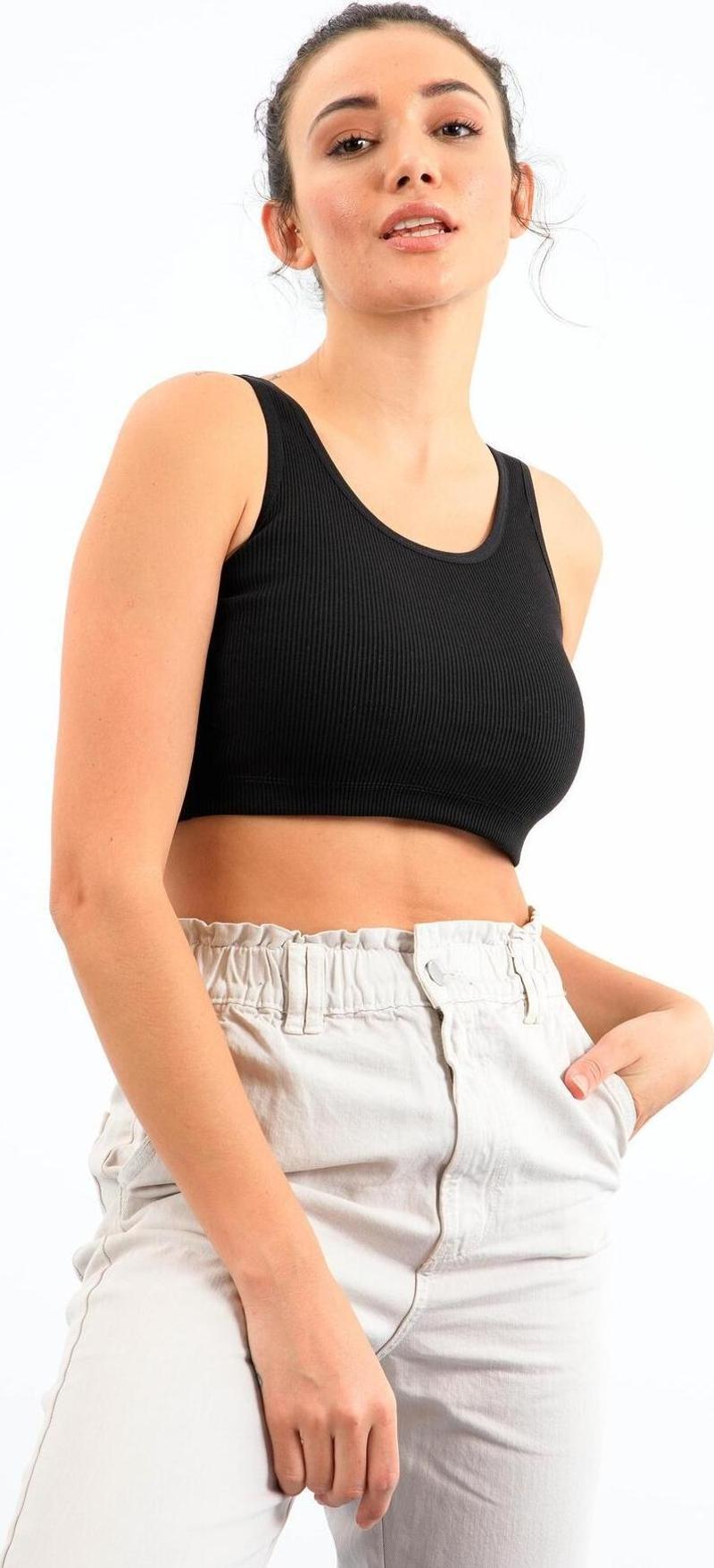 Siyah Basic Sıfır Kol Dar Kalıp U Yaka Kadın Crop Top Atlet - 97160
