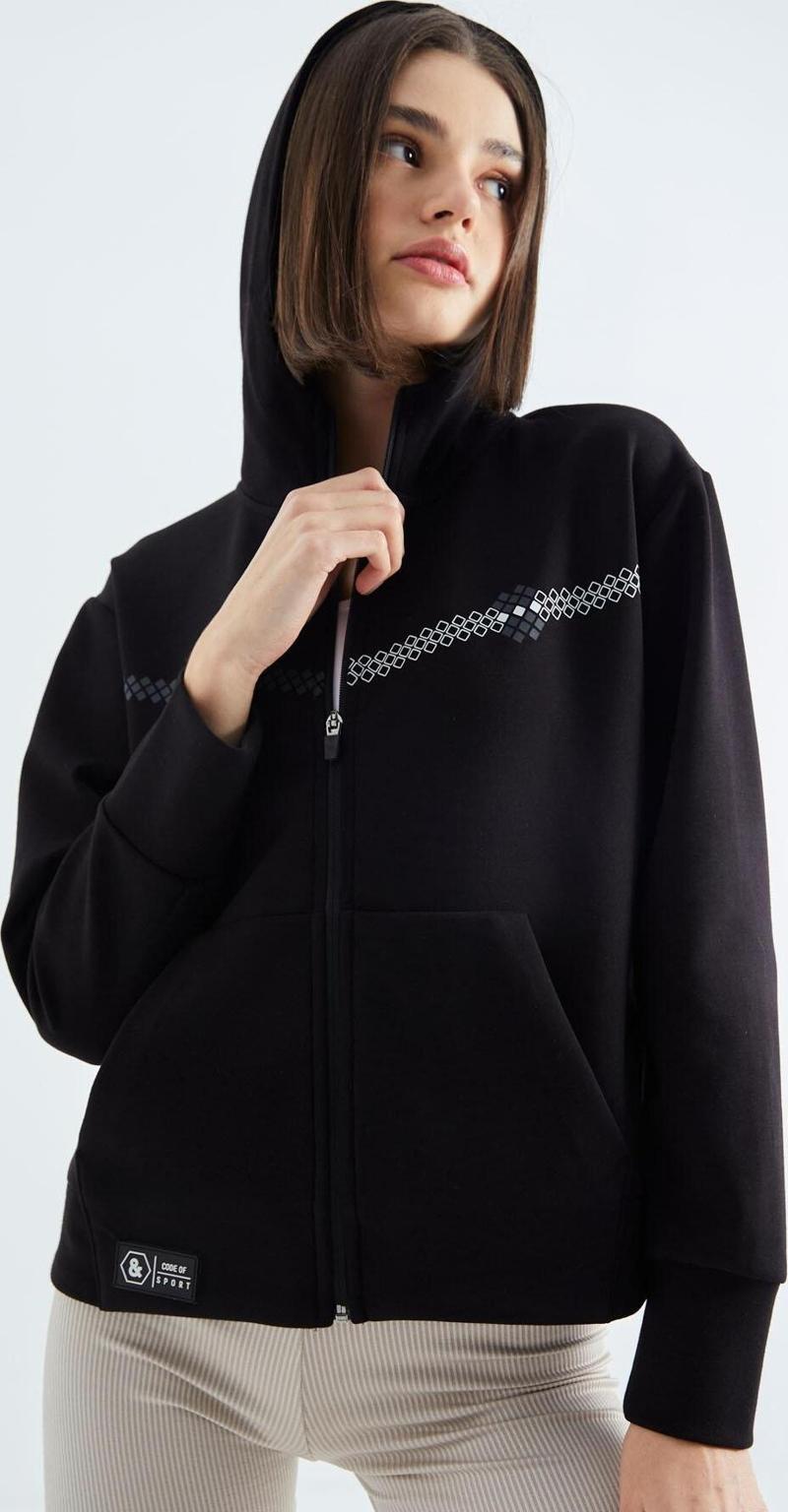 Siyah Kapüşonlu Fermuarlı Kadın Sweatshirt - 97277
