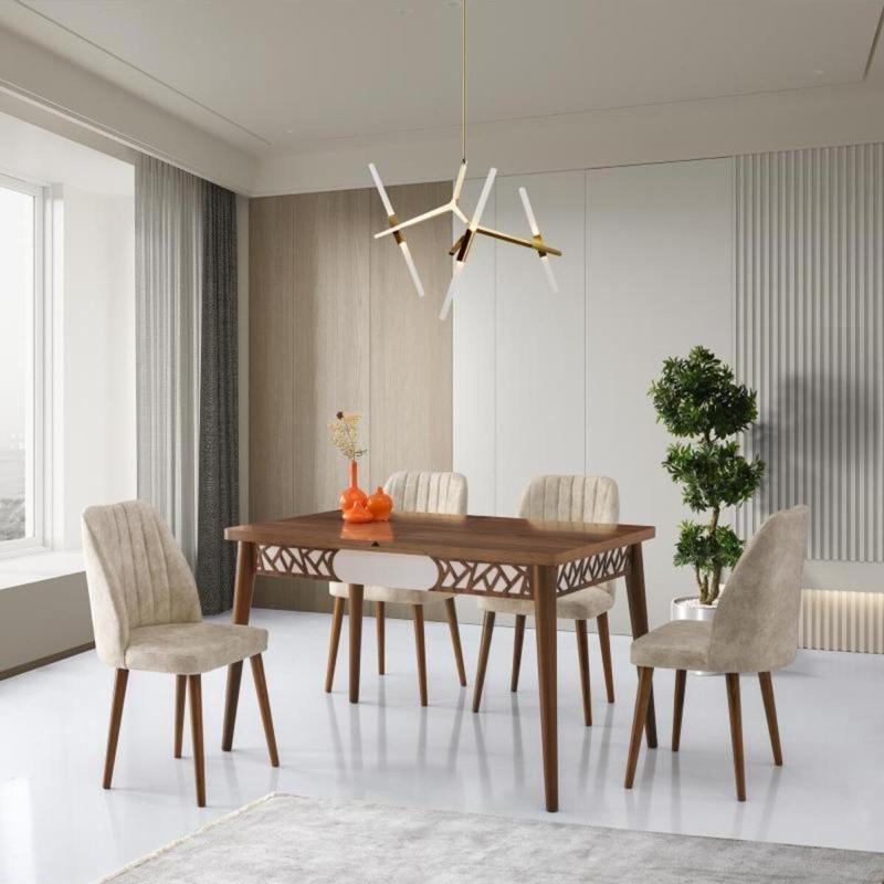 ARMİN MASA + EKOL SANDALYE TAKIMI,HALİÇ CEVİZ BEYAZ,130x80